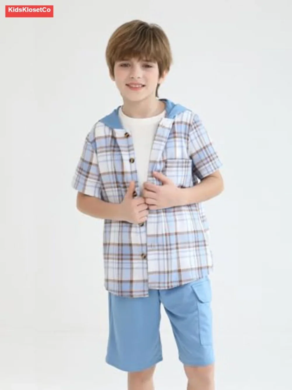 Boys Short Sleeve Hooded Plaid Button Shirt and Jogger Shorts Set